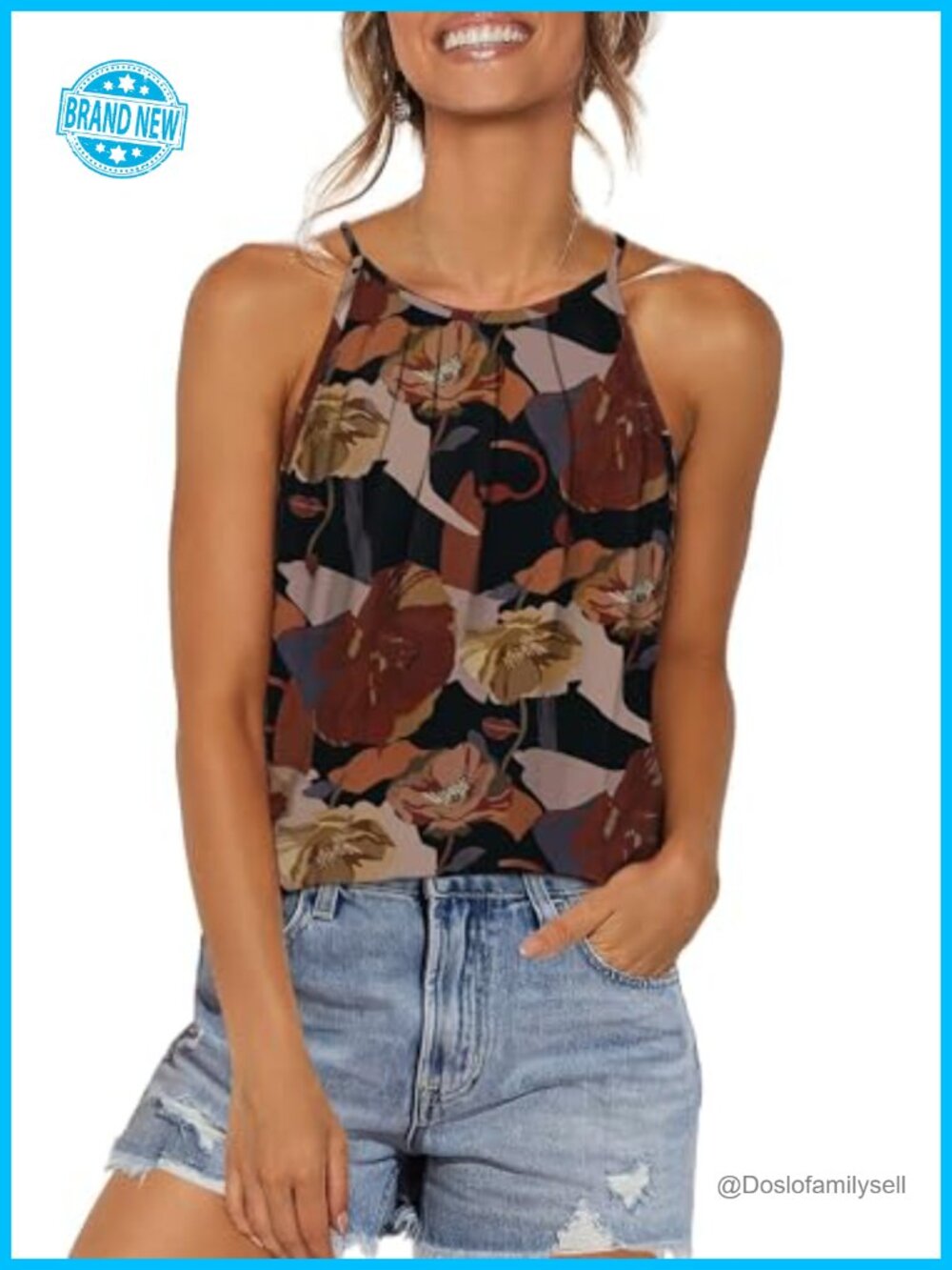 Womens Pleated Tank Top Spaghetti Strap Halter Camisole Curved Hem Floral